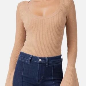 PAIGE Beige Brown Ribbed Long Bell Sleeve Sweater Mini Body Suit Size Large